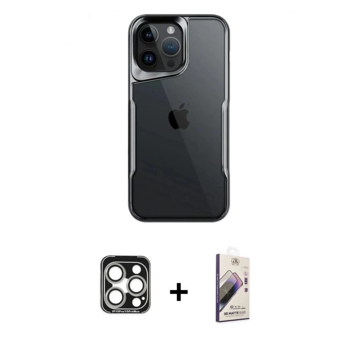 MARSİLYAN™- iPhone 15 Pro Max Kılıf Akış Çizgi Koleksiyonu - Siyah Bilvis 3D Mat Cam Ekran Koruyucu + PVD Metal Kamera Lens - GS