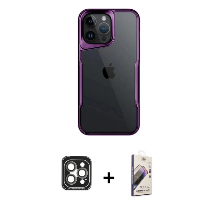 MARSİLYAN™- iPhone 15 Pro Max Kılıf Akış Çizgi Koleksiyonu - Siyah Bilvis 3D Mat Cam Ekran Koruyucu + PVD Metal Kamera Lens - GI