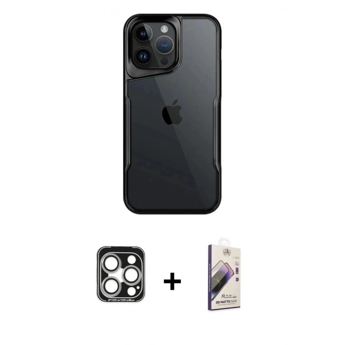 MARSİLYAN™- iPhone 15 Pro Max Kılıf Akış Çizgi Koleksiyonu - Siyah Bilvis 3D Mat Cam Ekran Koruyucu + PVD Metal Kamera Lens - GS