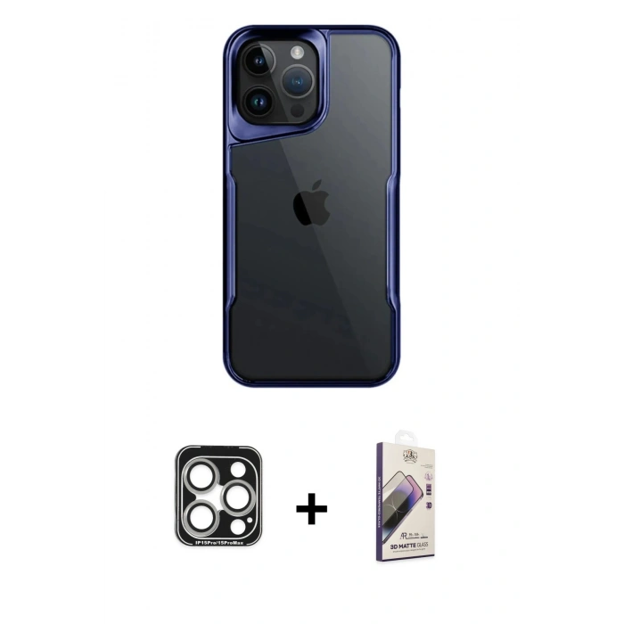 MARSİLYAN™- iPhone 15 Pro Max Kılıf Akış Çizgi Koleksiyonu - Siyah Bilvis 3D Mat Cam Ekran Koruyucu + PVD Metal Kamera Lens - GS