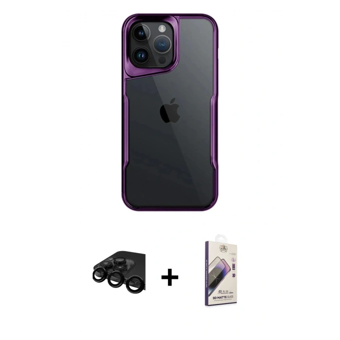 MARSİLYAN™- iPhone 15 Pro Max Kılıf Akış Çizgi Koleksiyonu - Siyah Bilvis 3D Mat Cam Ekran Koruyucu + Raze Metal Kamera Lens - SH