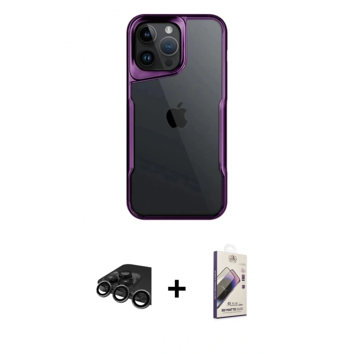 MARSİLYAN™- iPhone 15 Pro Max Kılıf Akış Çizgi Koleksiyonu - Siyah Bilvis 3D Mat Cam Ekran Koruyucu + Raze Metal Kamera Lens - TMGI
