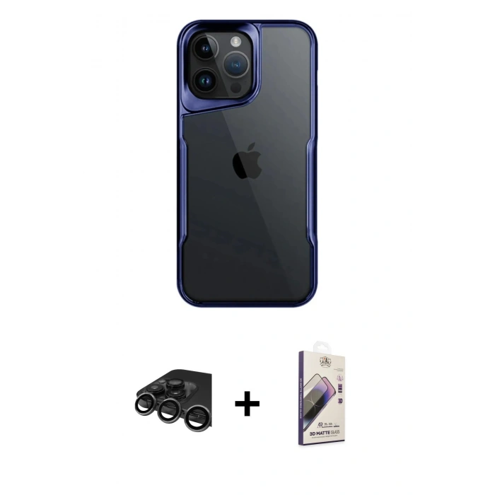 MARSİLYAN™- iPhone 15 Pro Max Kılıf Akış Çizgi Koleksiyonu - Siyah Bilvis 3D Mat Cam Ekran Koruyucu + Raze Metal Kamera Lens - TMGI