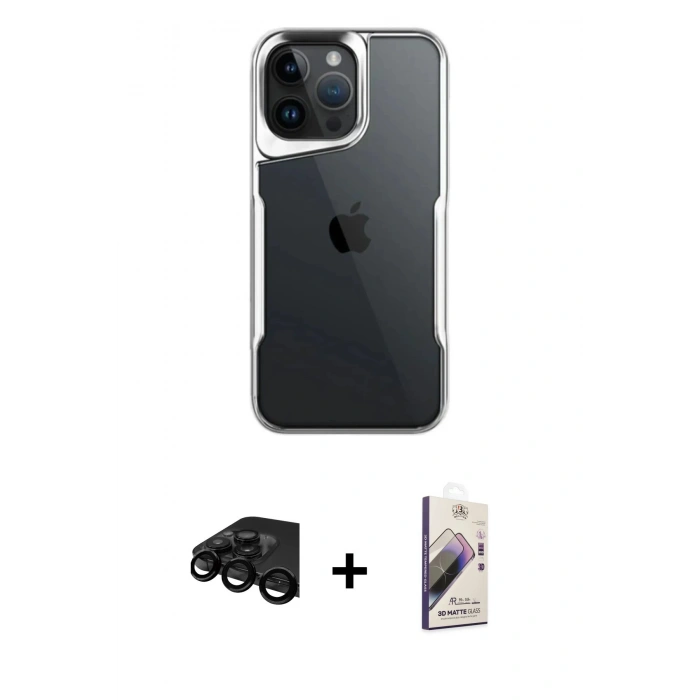 MARSİLYAN™- iPhone 15 Pro Max Kılıf Akış Çizgi Koleksiyonu - Siyah Bilvis 3D Mat Cam Ekran Koruyucu + Raze Metal Kamera Lens - SH