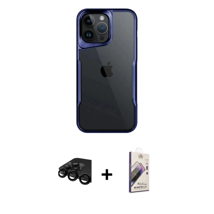 MARSİLYAN™- iPhone 15 Pro Max Kılıf Akış Çizgi Koleksiyonu - Siyah Bilvis 3D Mat Cam Ekran Koruyucu + Raze Metal Kamera Lens - SH