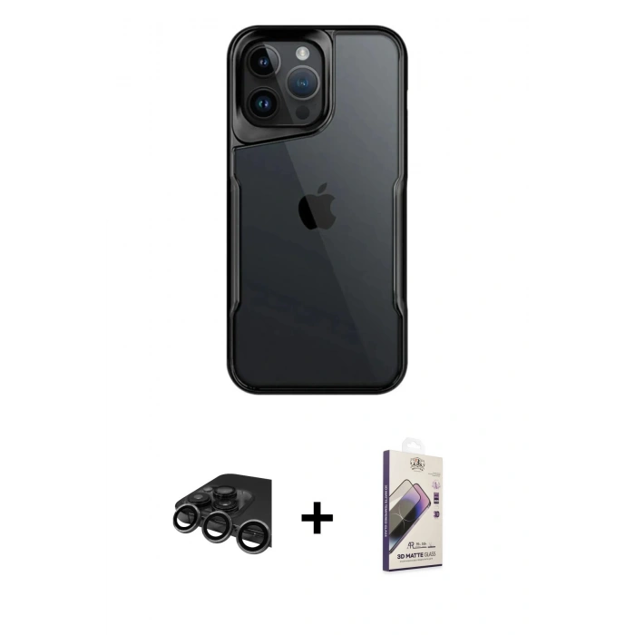 MARSİLYAN™- iPhone 15 Pro Max Kılıf Akış Çizgi Koleksiyonu - Siyah Bilvis 3D Mat Cam Ekran Koruyucu + Raze Metal Kamera Lens - TMGI