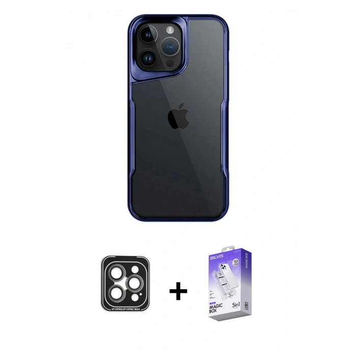 MARSİLYAN™- iPhone 15 Pro Max Kılıf Akış Çizgi Koleksiyonu - Siyah Bilvis 5in1 3D Magic Cam Ekran Koruyucu + PVD Metal Kamera Lens - GI