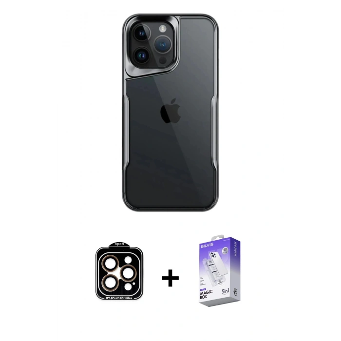 MARSİLYAN™- iPhone 15 Pro Max Kılıf Akış Çizgi Koleksiyonu - Siyah Bilvis 5in1 3D Magic Cam Ekran Koruyucu + Turuncu PVD Metal Kamera Lens