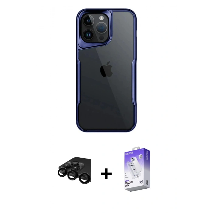 MARSİLYAN™- iPhone 15 Pro Max Kılıf Akış Çizgi Koleksiyonu - Siyah Bilvis 5in1 3D Magic Cam Ekran Koruyucu + Raze Metal Kamera Lens - SH