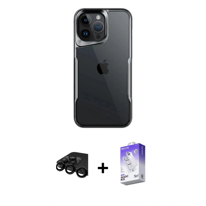 MARSİLYAN™- iPhone 15 Pro Max Kılıf Akış Çizgi Koleksiyonu - Siyah Bilvis 5in1 3D Magic Cam Ekran Koruyucu + Raze Metal Kamera Lens - SH