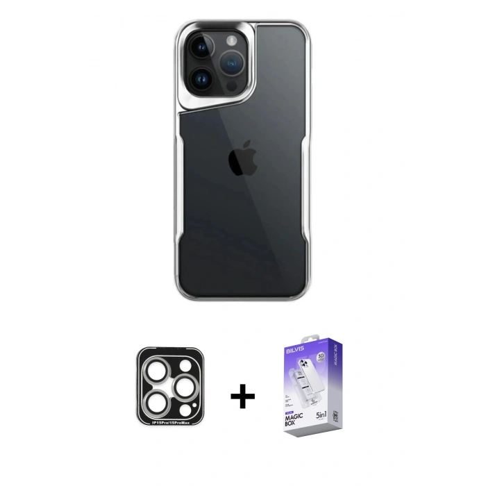 MARSİLYAN™- iPhone 15 Pro Max Kılıf Akış Çizgi Koleksiyonu - Siyah Bilvis 5in1 3D Magic Cam Ekran Koruyucu + PVD Metal Kamera Lens - GS