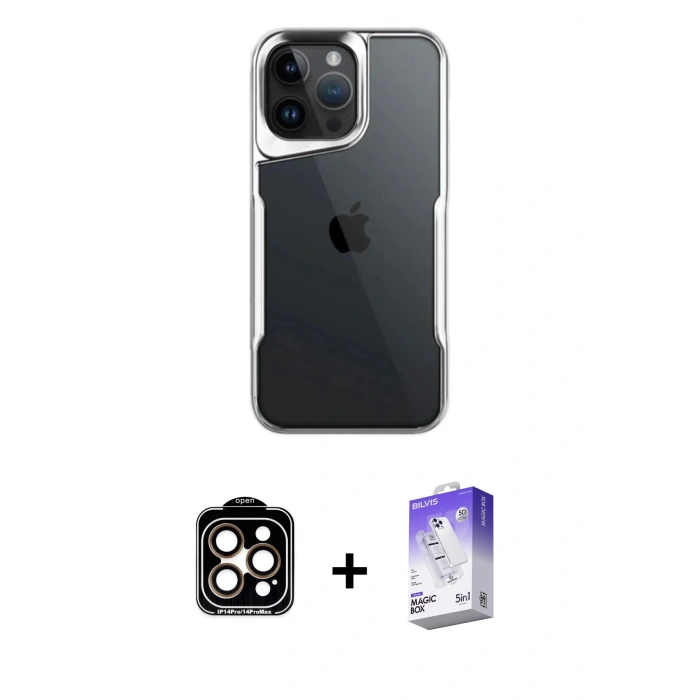 MARSİLYAN™- iPhone 15 Pro Max Kılıf Akış Çizgi Koleksiyonu - Siyah Bilvis 5in1 3D Magic Cam Ekran Koruyucu + Turuncu PVD Metal Kamera Lens