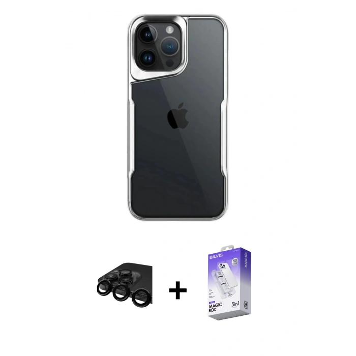 MARSİLYAN™- iPhone 15 Pro Max Kılıf Akış Çizgi Koleksiyonu - Siyah Bilvis 5in1 3D Magic Cam Ekran Koruyucu + Raze Metal Kamera Lens - SH