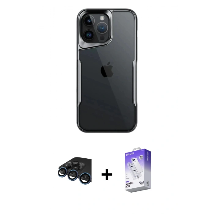 MARSİLYAN™- iPhone 15 Pro Max Kılıf Akış Çizgi Koleksiyonu - Siyah Bilvis 5in1 3D Magic Cam Ekran Koruyucu + Raze Metal Kamera Lens - LT
