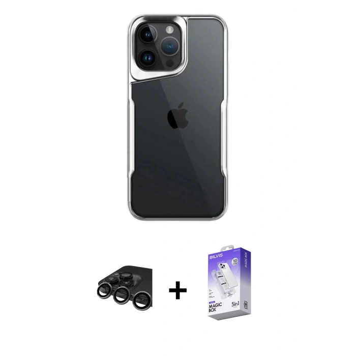 MARSİLYAN™- iPhone 15 Pro Max Kılıf Akış Çizgi Koleksiyonu - Siyah Bilvis 5in1 3D Magic Cam Ekran Koruyucu + Raze Metal Kamera Lens - TMGI