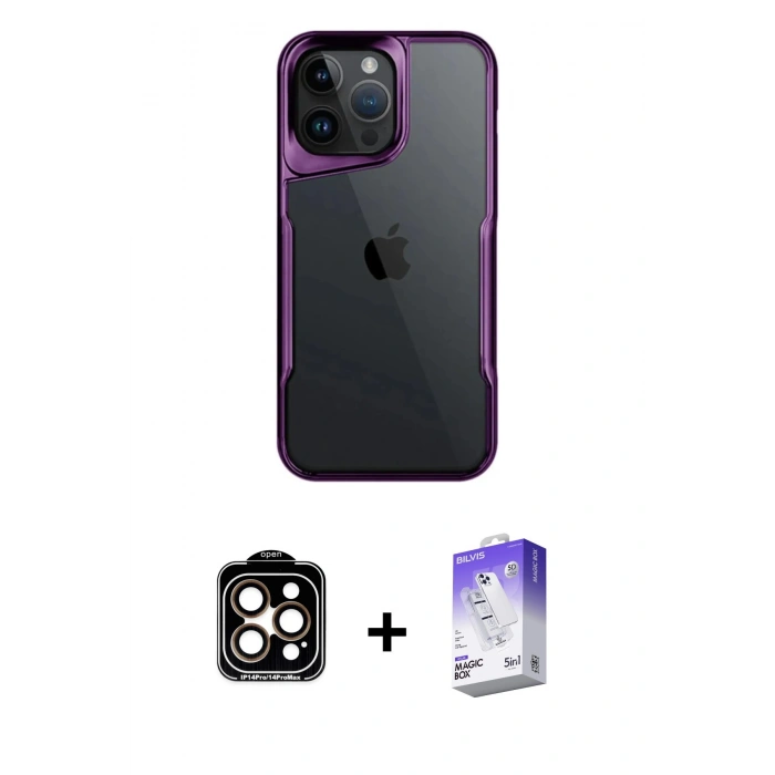 MARSİLYAN™- iPhone 15 Pro Max Kılıf Akış Çizgi Koleksiyonu - Siyah Bilvis 5in1 3D Magic Cam Ekran Koruyucu + Turuncu PVD Metal Kamera Lens