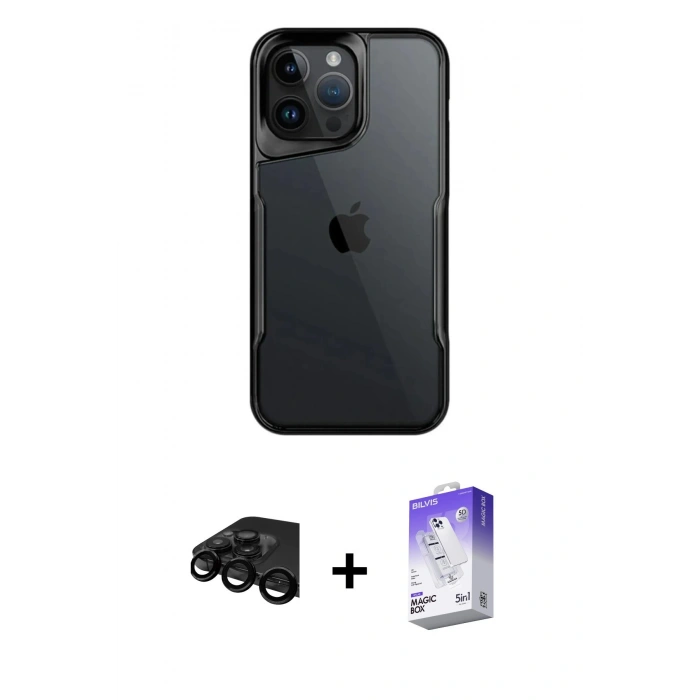MARSİLYAN™- iPhone 15 Pro Max Kılıf Akış Çizgi Koleksiyonu - Siyah Bilvis 5in1 3D Magic Cam Ekran Koruyucu + Raze Metal Kamera Lens - SH