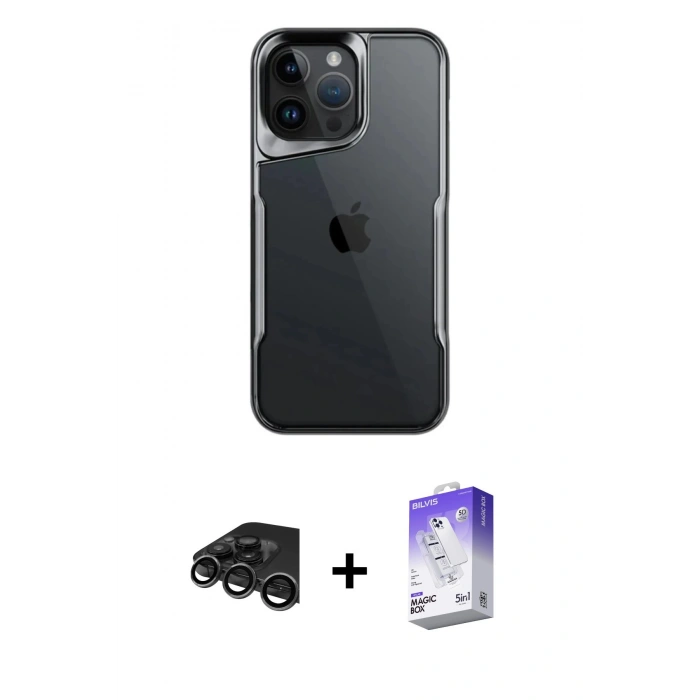 MARSİLYAN™- iPhone 15 Pro Max Kılıf Akış Çizgi Koleksiyonu - Siyah Bilvis 5in1 3D Magic Cam Ekran Koruyucu + Raze Metal Kamera Lens - TMGI