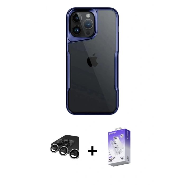 MARSİLYAN™- iPhone 15 Pro Max Kılıf Akış Çizgi Koleksiyonu - Siyah Bilvis 5in1 3D Magic Cam Ekran Koruyucu + Raze Metal Kamera Lens - GS