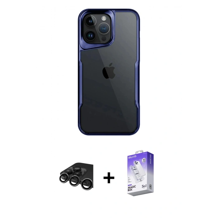 MARSİLYAN™- iPhone 15 Pro Max Kılıf Akış Çizgi Koleksiyonu - Siyah Bilvis 5in1 3D Magic Cam Ekran Koruyucu + Raze Metal Kamera Lens - TMGI