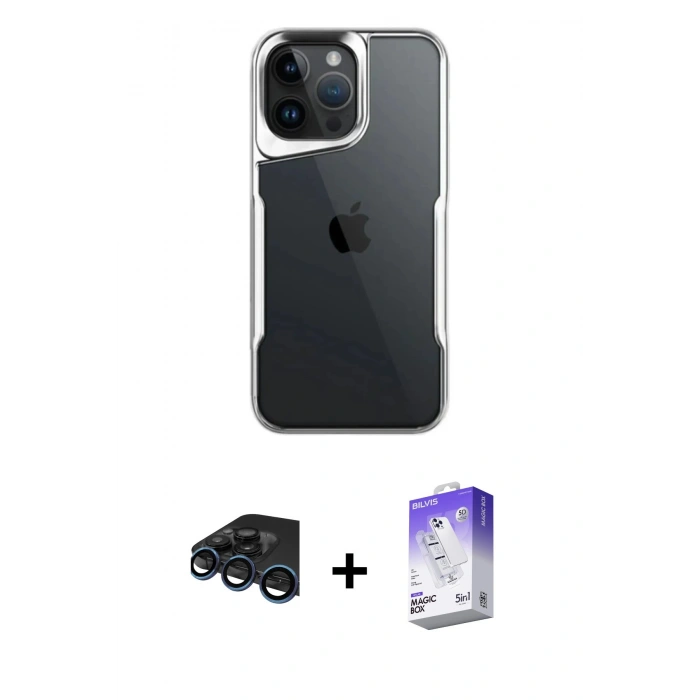 MARSİLYAN™- iPhone 15 Pro Max Kılıf Akış Çizgi Koleksiyonu - Siyah Bilvis 5in1 3D Magic Cam Ekran Koruyucu + Raze Metal Kamera Lens - LT