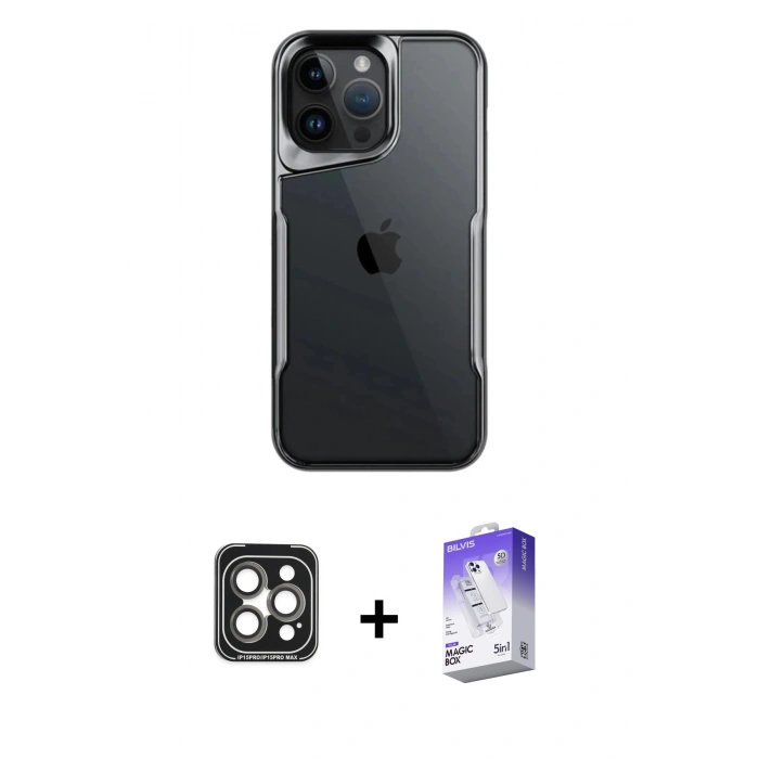 MARSİLYAN™- iPhone 15 Pro Max Kılıf Akış Çizgi Koleksiyonu - Siyah Bilvis 5in1 3D Magic Cam Ekran Koruyucu + PVD Metal Kamera Lens - GI