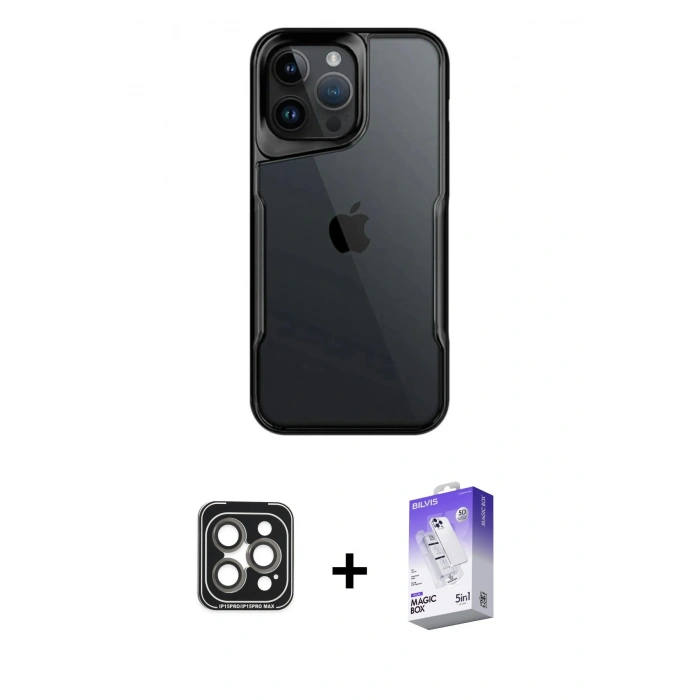 MARSİLYAN™- iPhone 15 Pro Max Kılıf Akış Çizgi Koleksiyonu - Siyah Bilvis 5in1 3D Magic Cam Ekran Koruyucu + PVD Metal Kamera Lens - GI