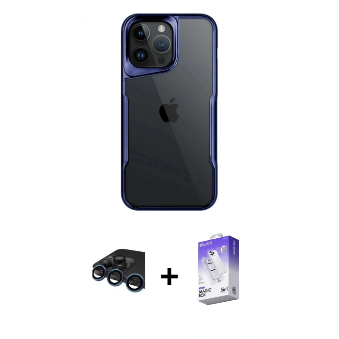 MARSİLYAN™- iPhone 15 Pro Max Kılıf Akış Çizgi Koleksiyonu - Siyah Bilvis 5in1 3D Magic Cam Ekran Koruyucu + Raze Metal Kamera Lens - LT