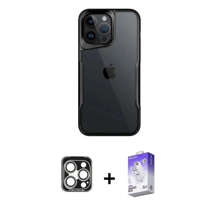 MARSİLYAN™- iPhone 15 Pro Max Kılıf Akış Çizgi Koleksiyonu - Siyah Bilvis 5in1 3D Magic Cam Ekran Koruyucu + PVD Metal Kamera Lens - GS