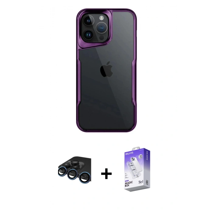 MARSİLYAN™- iPhone 15 Pro Max Kılıf Akış Çizgi Koleksiyonu - Siyah Bilvis 5in1 3D Magic Cam Ekran Koruyucu + Raze Metal Kamera Lens - LT