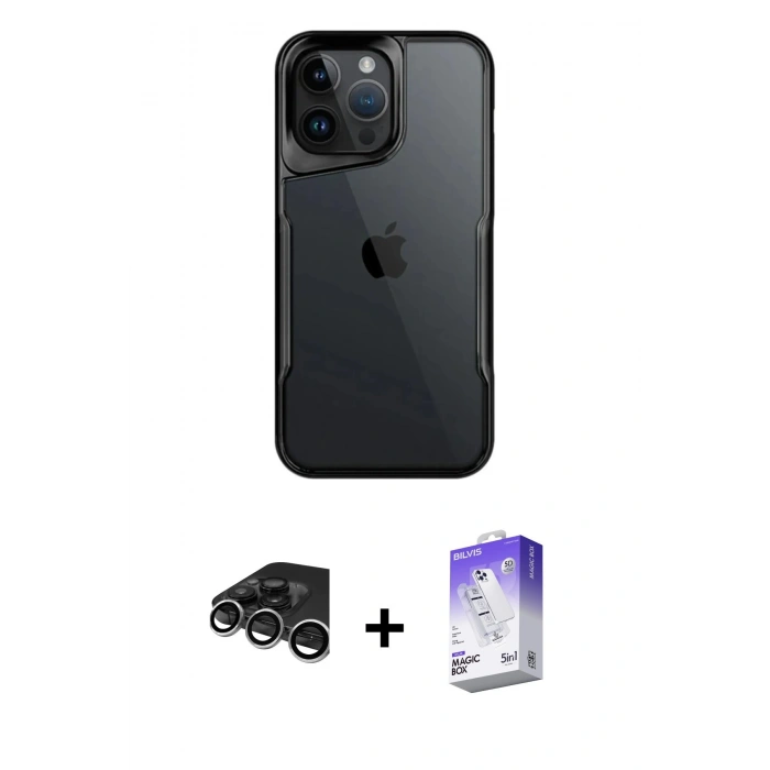 MARSİLYAN™- iPhone 15 Pro Max Kılıf Akış Çizgi Koleksiyonu - Siyah Bilvis 5in1 3D Magic Cam Ekran Koruyucu + Raze Metal Kamera Lens - GS