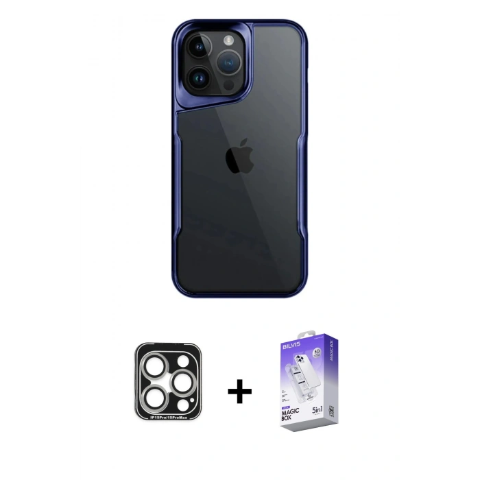 MARSİLYAN™- iPhone 15 Pro Max Kılıf Akış Çizgi Koleksiyonu - Siyah Bilvis 5in1 3D Magic Cam Ekran Koruyucu + PVD Metal Kamera Lens - GS