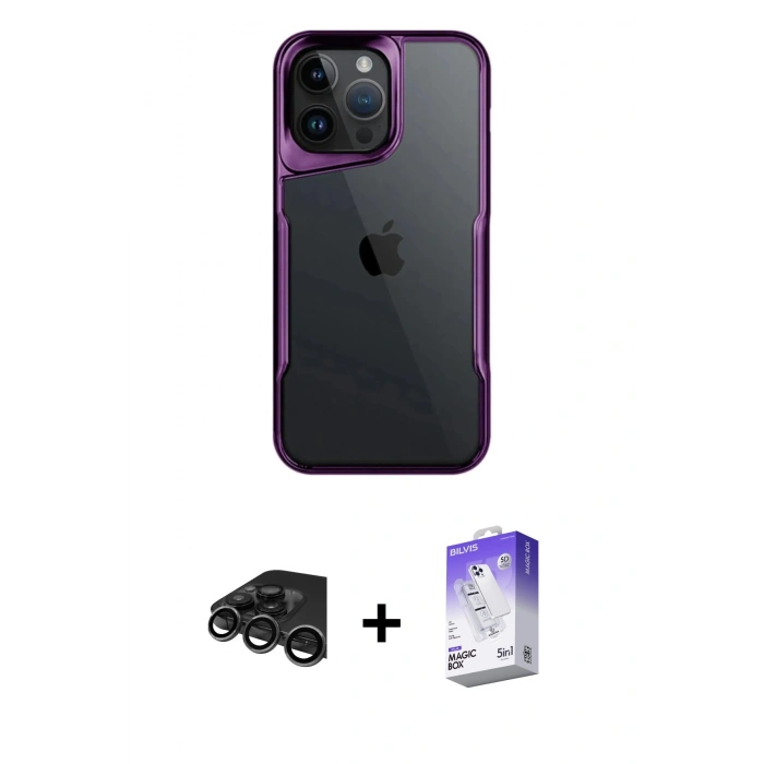 MARSİLYAN™- iPhone 15 Pro Max Kılıf Akış Çizgi Koleksiyonu - Siyah Bilvis 5in1 3D Magic Cam Ekran Koruyucu + Raze Metal Kamera Lens - TMGI