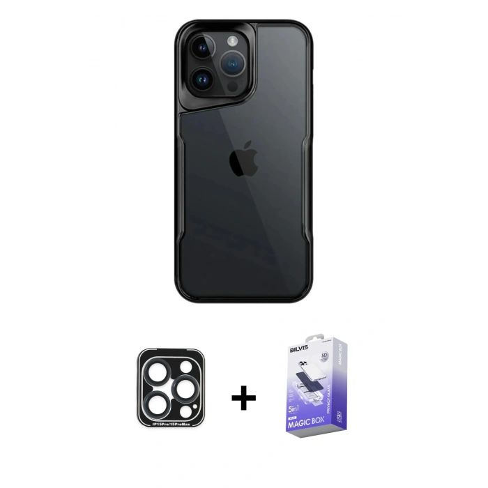 MARSİLYAN™- iPhone 15 Pro Max Kılıf Akış Çizgi Koleksiyonu - Siyah Bilvis 5in1 5D Magic Hayalet Cam Ekran Koruyucu + PVD Metal Kamera Lens - LT