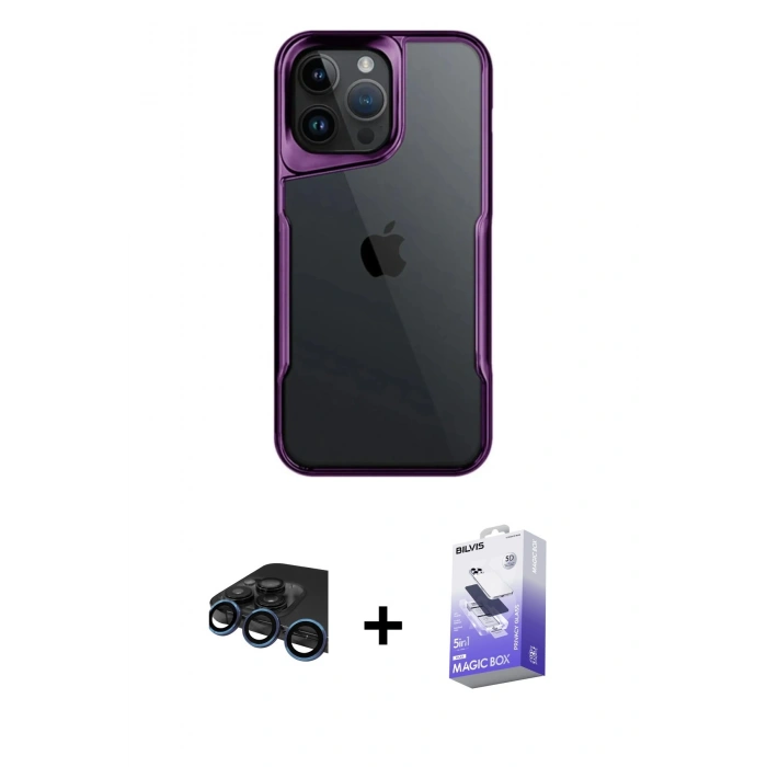MARSİLYAN™- iPhone 15 Pro Max Kılıf Akış Çizgi Koleksiyonu - Siyah Bilvis 5in1 5D Magic Hayalet Cam Ekran Koruyucu + Raze Metal Kamera Lens - LT