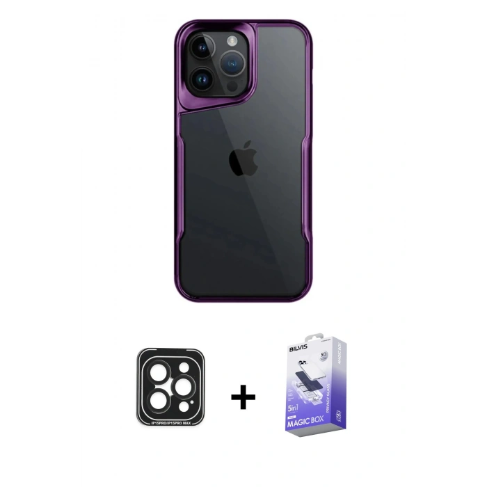 MARSİLYAN™- iPhone 15 Pro Max Kılıf Akış Çizgi Koleksiyonu - Siyah Bilvis 5in1 5D Magic Hayalet Cam Ekran Koruyucu + PVD Metal Kamera Lens - SH