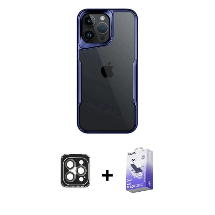 MARSİLYAN™- iPhone 15 Pro Max Kılıf Akış Çizgi Koleksiyonu - Siyah Bilvis 5in1 5D Magic Hayalet Cam Ekran Koruyucu + Gri PVD Metal Kamera Lens