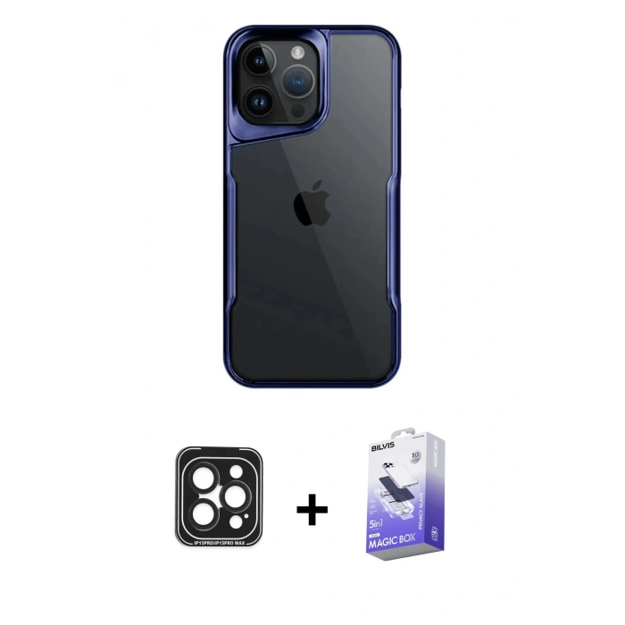 MARSİLYAN™- iPhone 15 Pro Max Kılıf Akış Çizgi Koleksiyonu - Siyah Bilvis 5in1 5D Magic Hayalet Cam Ekran Koruyucu + PVD Metal Kamera Lens - SH