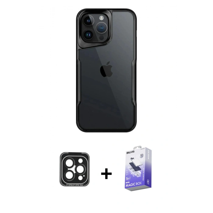 MARSİLYAN™- iPhone 15 Pro Max Kılıf Akış Çizgi Koleksiyonu - Siyah Bilvis 5in1 5D Magic Hayalet Cam Ekran Koruyucu + PVD Metal Kamera Lens - SH