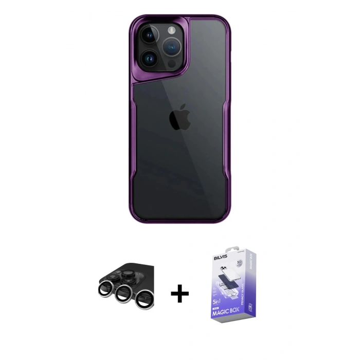 MARSİLYAN™- iPhone 15 Pro Max Kılıf Akış Çizgi Koleksiyonu - Siyah Bilvis 5in1 5D Magic Hayalet Cam Ekran Koruyucu + Raze Metal Kamera Lens - GS
