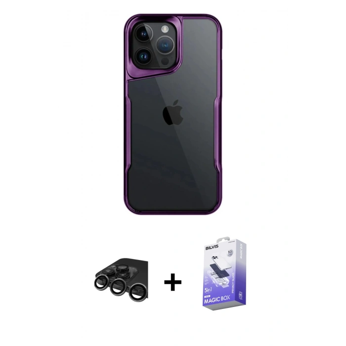 MARSİLYAN™- iPhone 15 Pro Max Kılıf Akış Çizgi Koleksiyonu - Siyah Bilvis 5in1 5D Magic Hayalet Cam Ekran Koruyucu + Raze Metal Kamera Lens - TMGI