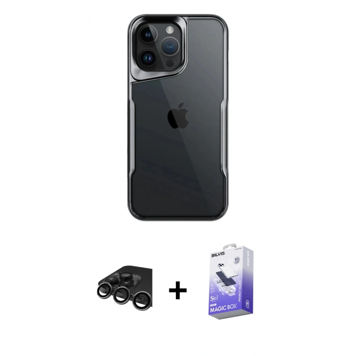 MARSİLYAN™- iPhone 15 Pro Max Kılıf Akış Çizgi Koleksiyonu - Siyah Bilvis 5in1 5D Magic Hayalet Cam Ekran Koruyucu + Raze Metal Kamera Lens - TMGI