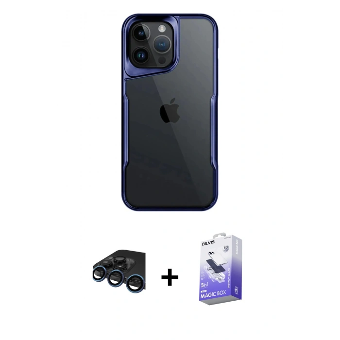 MARSİLYAN™- iPhone 15 Pro Max Kılıf Akış Çizgi Koleksiyonu - Siyah Bilvis 5in1 5D Magic Hayalet Cam Ekran Koruyucu + Raze Metal Kamera Lens - LT