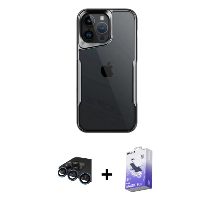 MARSİLYAN™- iPhone 15 Pro Max Kılıf Akış Çizgi Koleksiyonu - Siyah Bilvis 5in1 5D Magic Hayalet Cam Ekran Koruyucu + Raze Metal Kamera Lens - LT