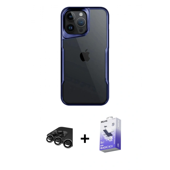 MARSİLYAN™- iPhone 15 Pro Max Kılıf Akış Çizgi Koleksiyonu - Siyah Bilvis 5in1 5D Magic Hayalet Cam Ekran Koruyucu + Raze Metal Kamera Lens - TMGI