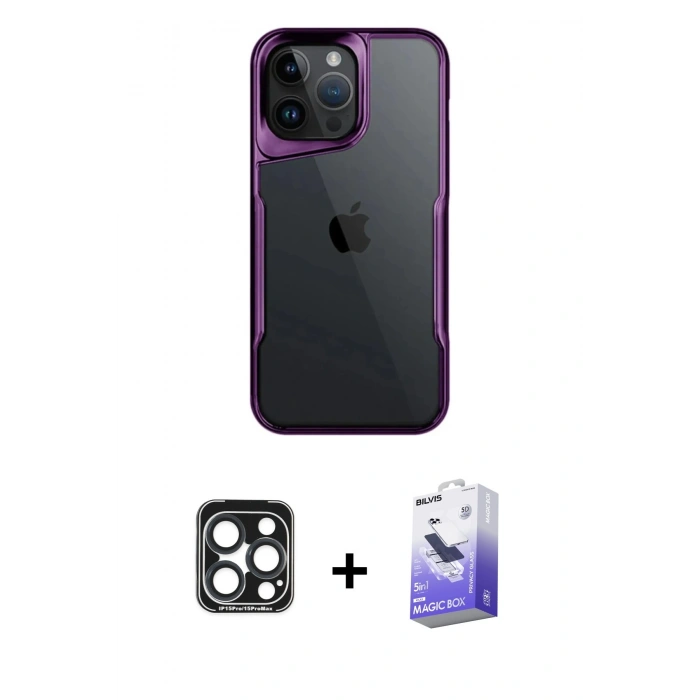 MARSİLYAN™- iPhone 15 Pro Max Kılıf Akış Çizgi Koleksiyonu - Siyah Bilvis 5in1 5D Magic Hayalet Cam Ekran Koruyucu + PVD Metal Kamera Lens - LT
