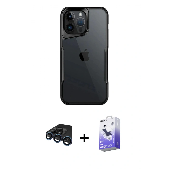 MARSİLYAN™- iPhone 15 Pro Max Kılıf Akış Çizgi Koleksiyonu - Siyah Bilvis 5in1 5D Magic Hayalet Cam Ekran Koruyucu + Raze Metal Kamera Lens - LT