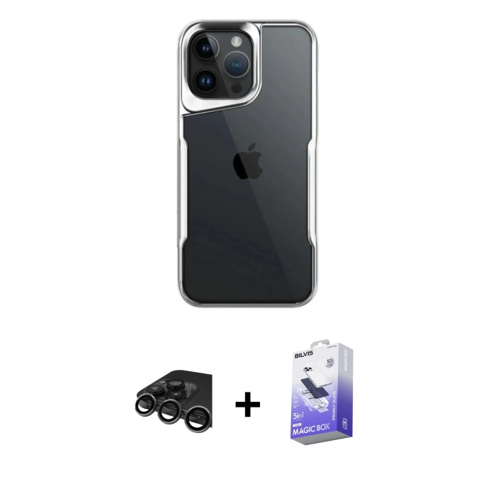 MARSİLYAN™- iPhone 15 Pro Max Kılıf Akış Çizgi Koleksiyonu - Siyah Bilvis 5in1 5D Magic Hayalet Cam Ekran Koruyucu + Raze Metal Kamera Lens - TMGI