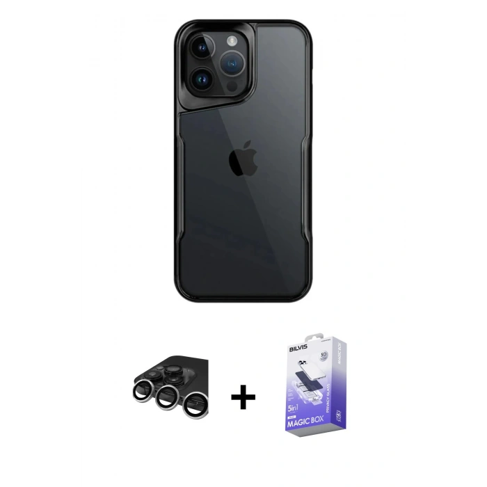 MARSİLYAN™- iPhone 15 Pro Max Kılıf Akış Çizgi Koleksiyonu - Siyah Bilvis 5in1 5D Magic Hayalet Cam Ekran Koruyucu + Raze Metal Kamera Lens - GS