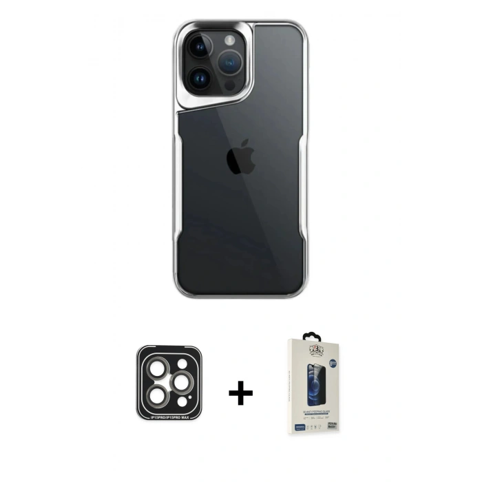 MARSİLYAN™- iPhone 15 Pro Max Kılıf Akış Çizgi Koleksiyonu - Siyah Bilvis Hayalet Cam Ekran Koruyucu + PVD Metal Kamera Lens - GI